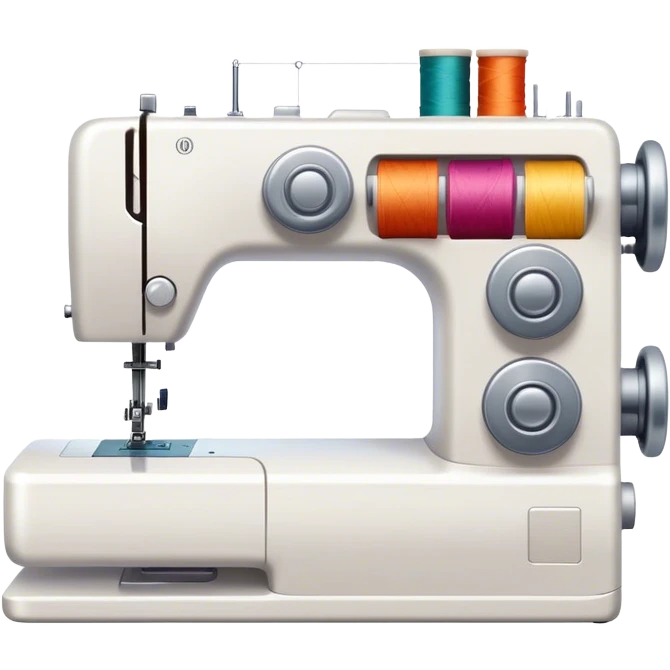 Sewing icon, sewing machine with thread, visible needle, spools of thread, fabric pieces, and scissors, a piece of clothing or textile in progress, minimalistic style, clean lines, transparent background. emoji