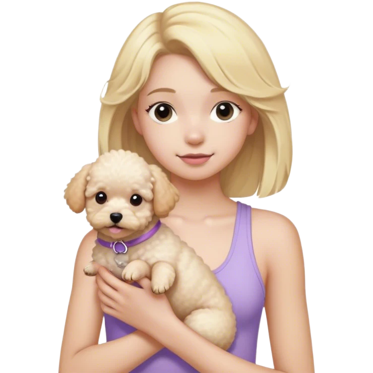 Blonde haired teenager wearing light purple tank top holding a white poochon dog emoji