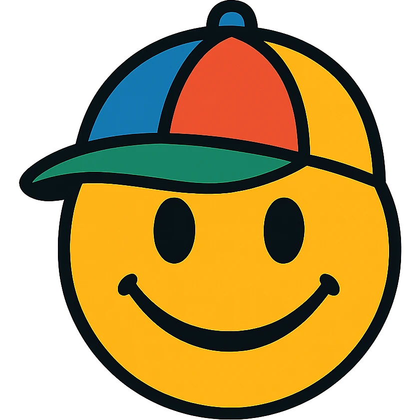 smiling emoji with a colorful cap emoji