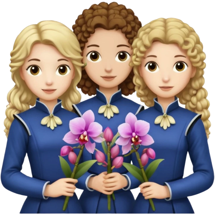3 female musketeers, one with brown curly hair, one with straight blond hair, one with blond hair in pony tail, all holding orchids emoji