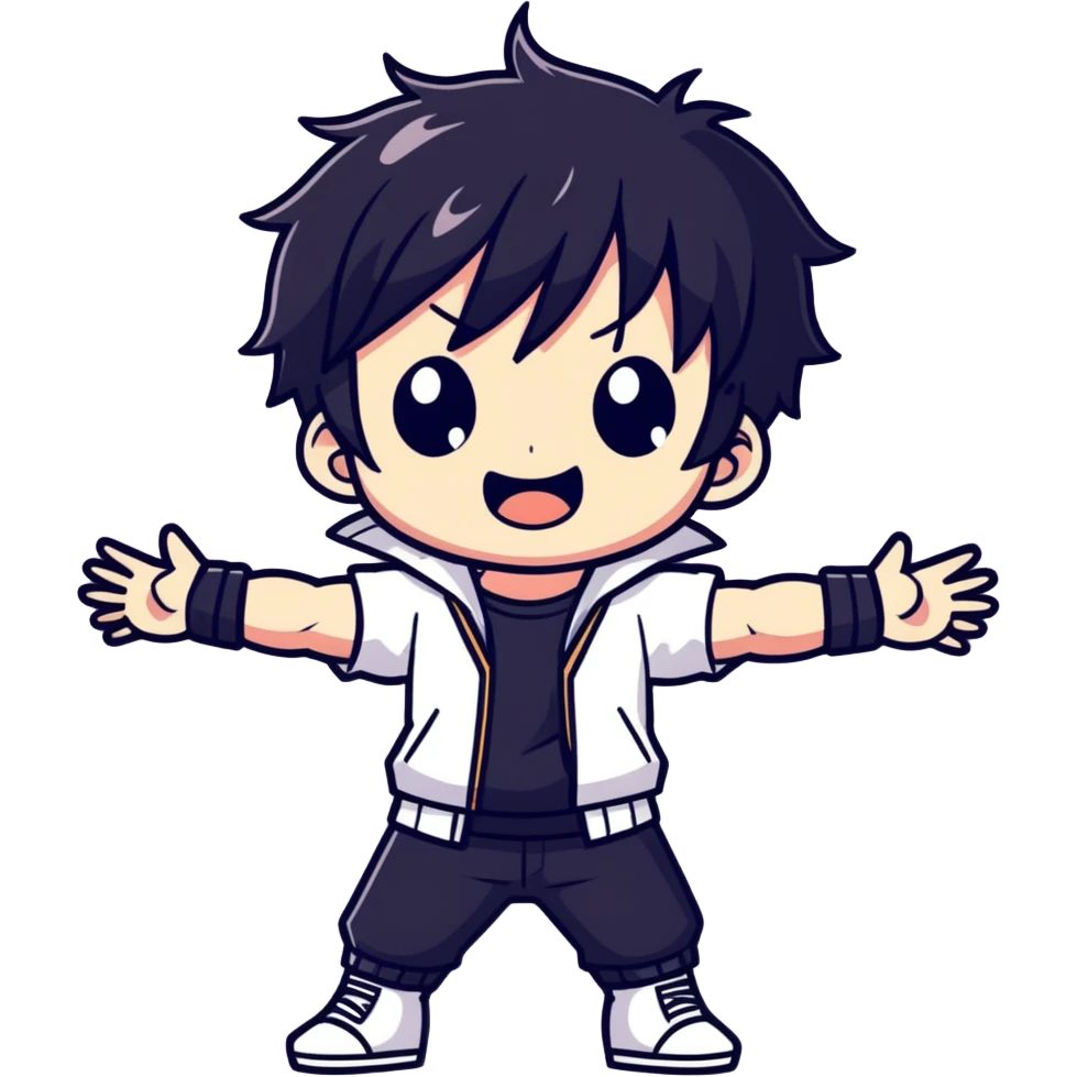  anime style cool chibi male character with dark aesthetic and black hair with arms open wide  emoji