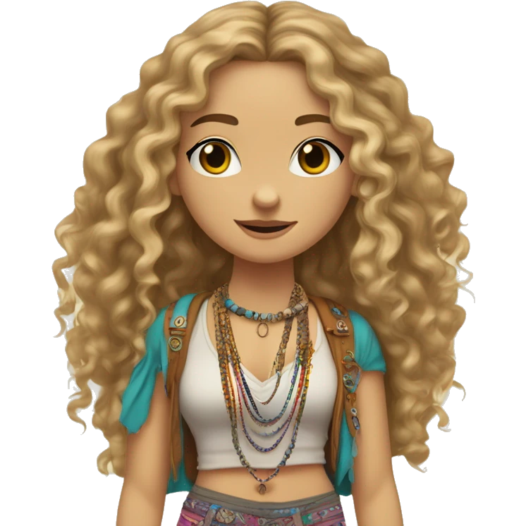 Caucasian hippie girl with curly dirty blonde hair, hazel eyes, baggy colorful pants and a tank top, LOTS OF bohemian bracelets and jewelry emoji