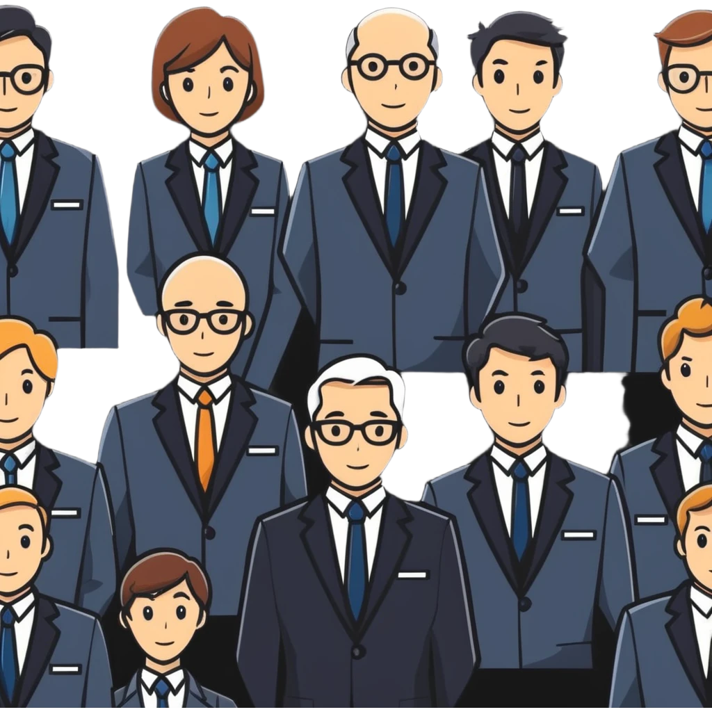 group of people in business suits, no dark-skinned individuals, with various neutral emotions emoji