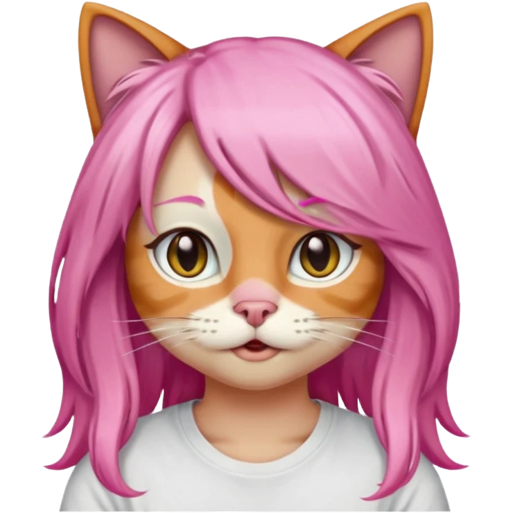 calico cat wear long pink hair wig, white T-shirt emoji