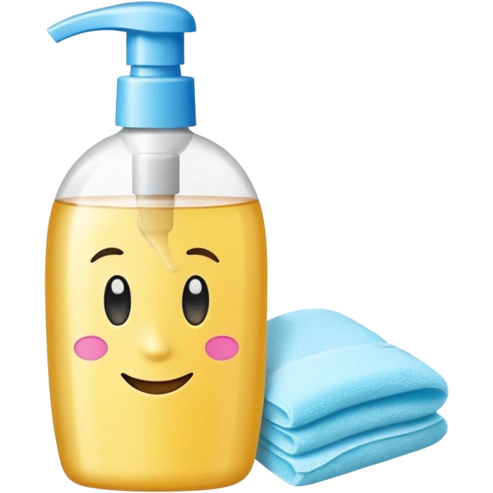 emoji of big (1L) bottle of shampoo, disposable gloves and cotton pads (for makeup) are standing on a table, products look like its always running out, and bran labels to them, make quantity bigger , and i want to see more disposable products emoji