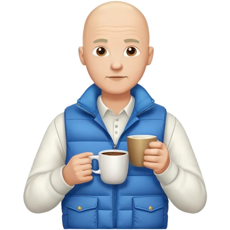 full body bald man wearing long sleeve white shirt with blue puffy winter vest holding a cup of coffee in front of him and nothing in his other hand emoji
