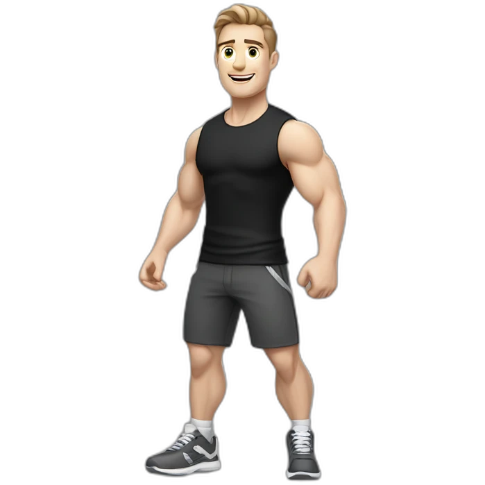 Joyful Pale skinned Fit Man With the biceps and dark brown hair in black shirt, gray sports shorts and white Sneakers emoji
