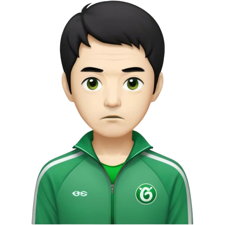 Seong Gi-hun : age 60, skinny and bony face, very small mouth, thick eyebrows deep eyes, unkempt black hair , Green player tracksuit. emoji
