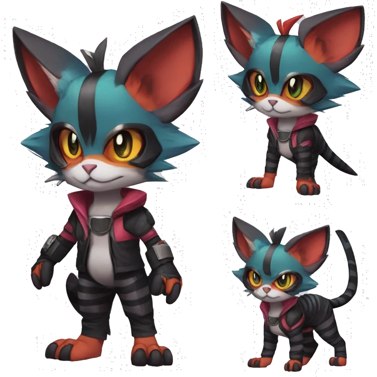 Cool Anthro Noivern-Litten-Sphynx-Pokémon with edgy stripes collar punk techwear cool fiddler-hat Full Body emoji