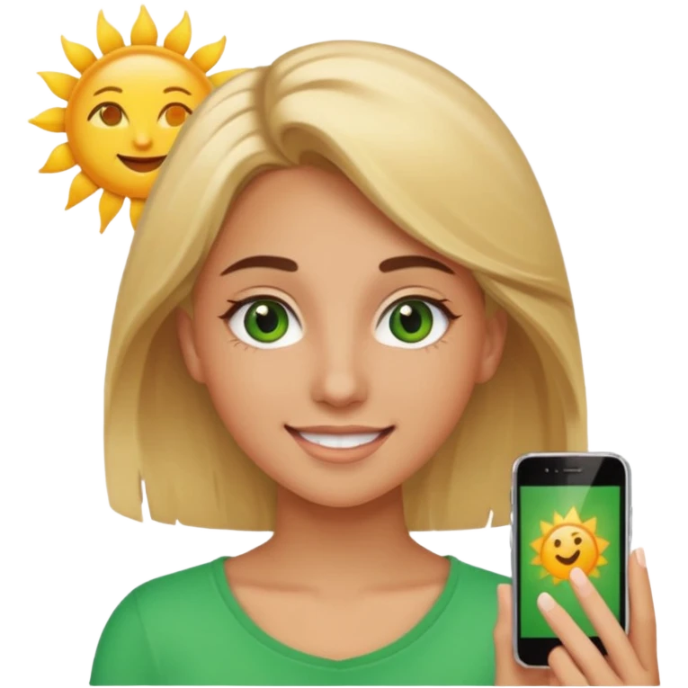 cheerful 20-year-old female with blonde hair, green eyes, brown eyebrows, sun-kissed tan, iPhone emoji style emoji