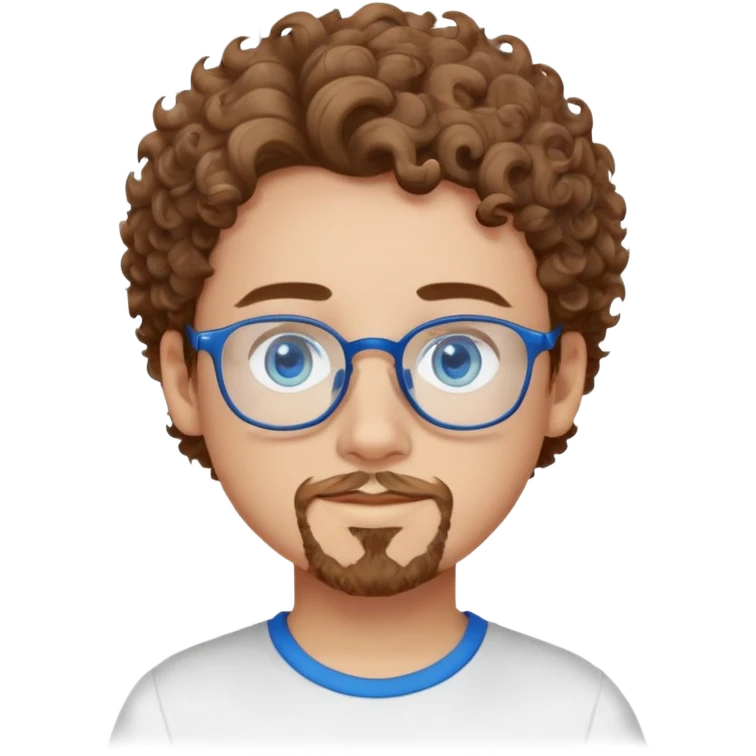 boy with bright blue eyes, medium length curly light brown hair with a goatee and clear glasses emoji
