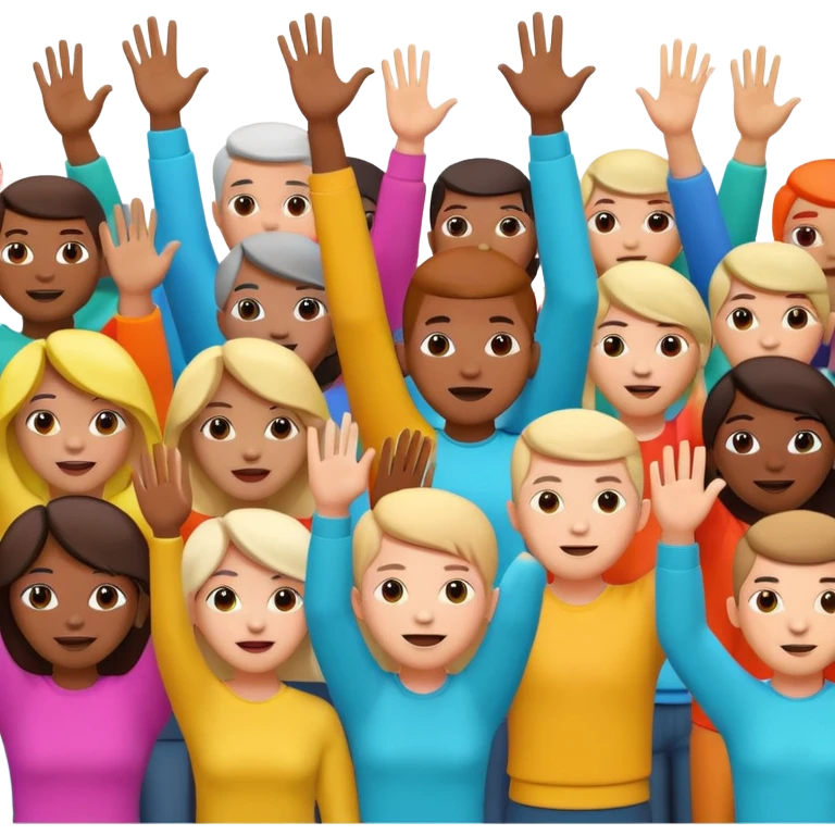 A 3D cartoon crowd raising hands in a concert-like protest, yellow backlight, energetic mood, Memoji-style. emoji