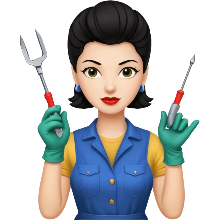 I like it! Can you make her dark haired? Rockabilly vibes are good. I like the third one and last most. Could you leave the screwdrivers? She's more like the organised one. Perhaps give her washing gloves or something. Or gardening gloves. emoji