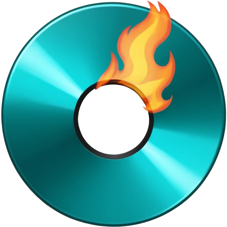 A minimalist CD disc with a subtle fire design, teal flames. emoji