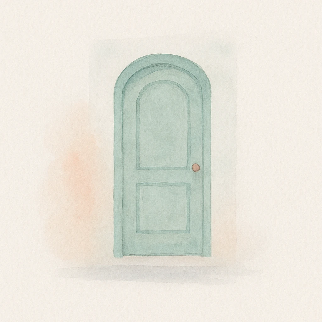 soft watercolor illustration in a minimalist, modern style, a door, pastel colors, delicate linework, gentle whimsical mood, minimal soft shading emoji