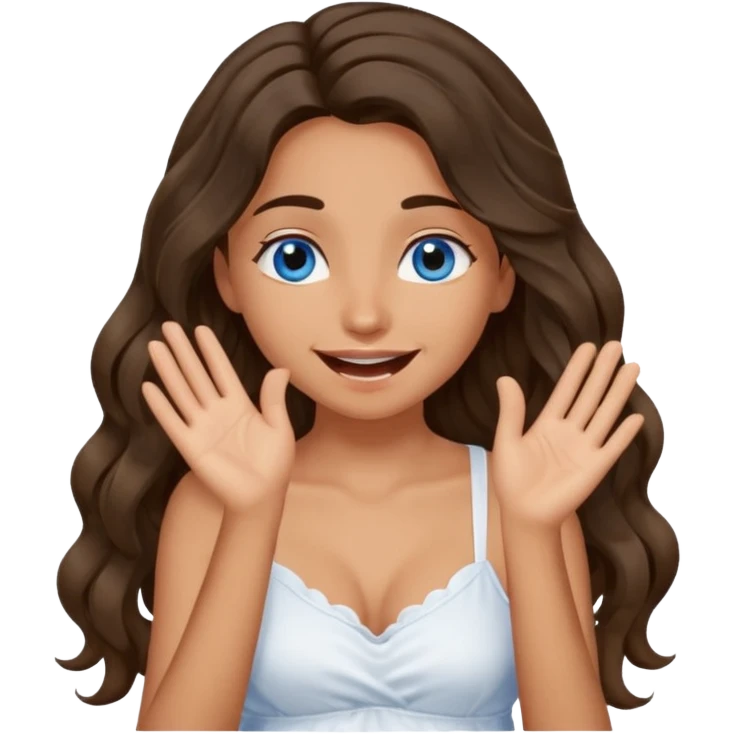 Girl with olive skin, blue eyes, brown dark insanely wavy long hair, white camisole, giggling with hand over face emoji