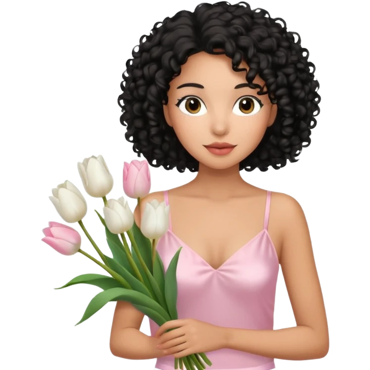 Mixed-race woman with caramel skin, black curly hair down, wearing a pastel pink silk camisole, holding a bouquet of white tulips emoji