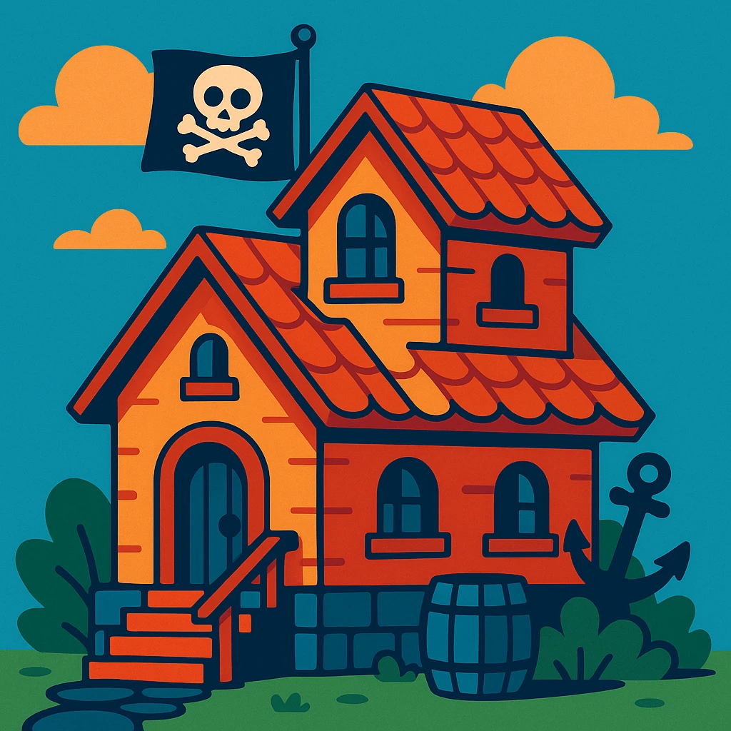 old pirate's house with skull flag emoji