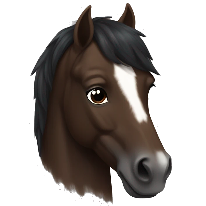 Dark brown horse with dark brown mane and small white marking on top of head emoji