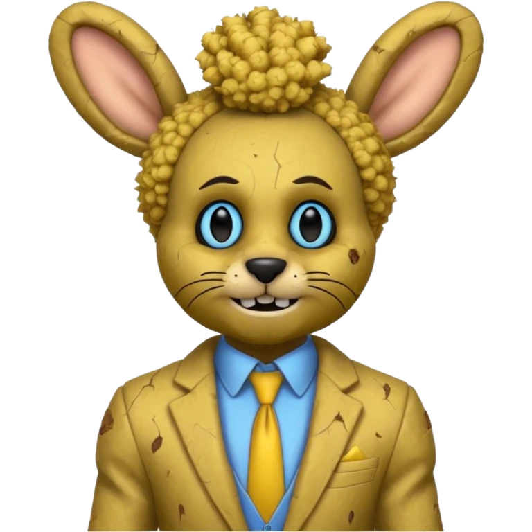 springtrap yellow damage hare suit with hare ears blue eyes with strands of 3C afro textured hair size of a small toothpick sttcking up emoji