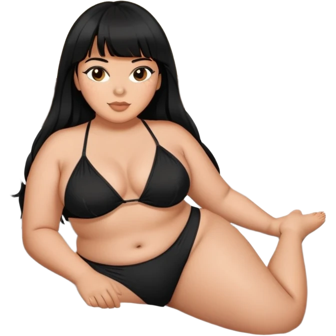 Plus size Latina female with bangs black long hair with black bikini laying on a bed emoji