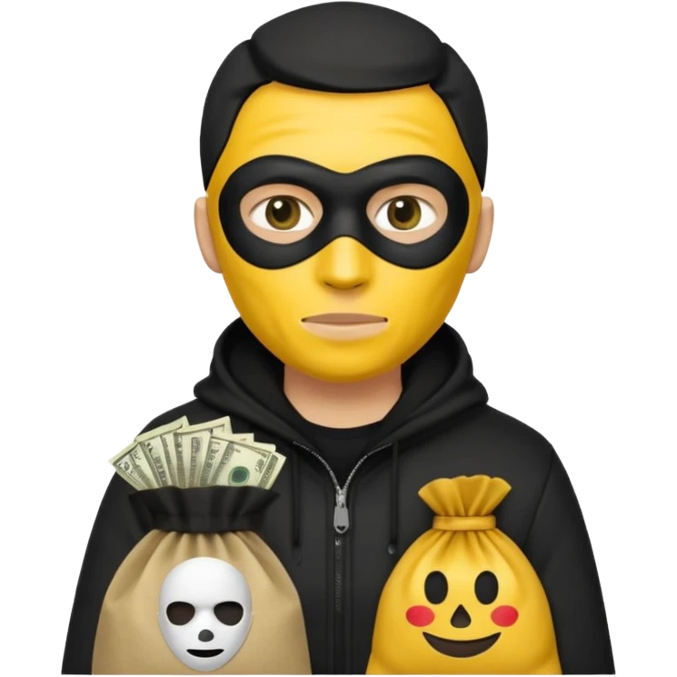 Ladrão com saco de dinheiro emoji efeito Mandela com pele amarelo com apenas a cabeça e os ombros aparecendo sem mãos com apenas a cabeça e os ombros aparecendo emoji