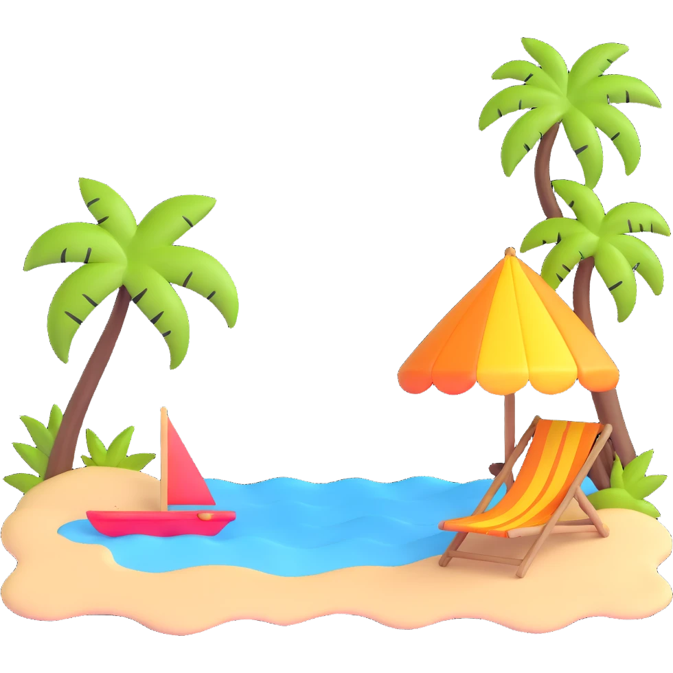 tropical beach with bright sun and colorful beach umbrella emoji