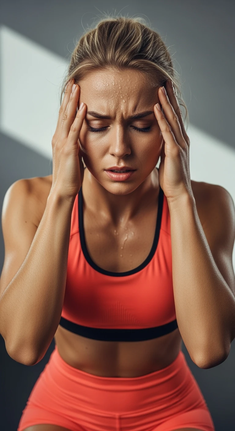 DONNA FITNESS STRESSATA CHE SI TIENE LE MANI SULLA FRONTE, IPERREALISTICA 4K emoji
