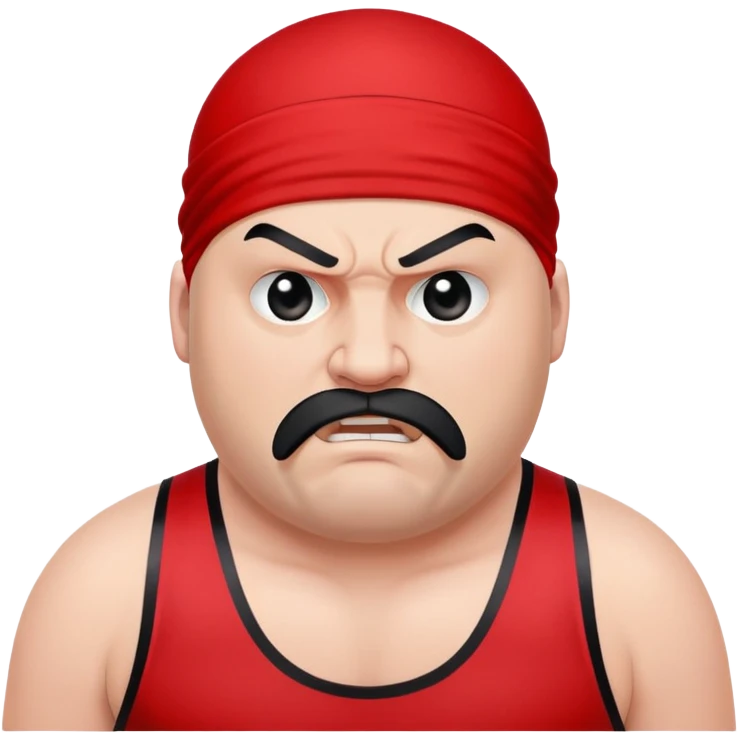White skin fat guy with prominent black durag, shaved beard stubble, black eyes in a red and black wrestling singlet with angry face emoji