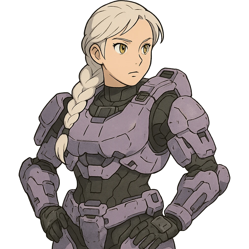 female, wearing reach spartan armor default, long white braid hair, gold yellow eyes, attention pose, halo series, no helmet, the armor is lavender color scheme, shoulder pad off. DDD bust size fitting. Punk gothic cyberpunk emoji