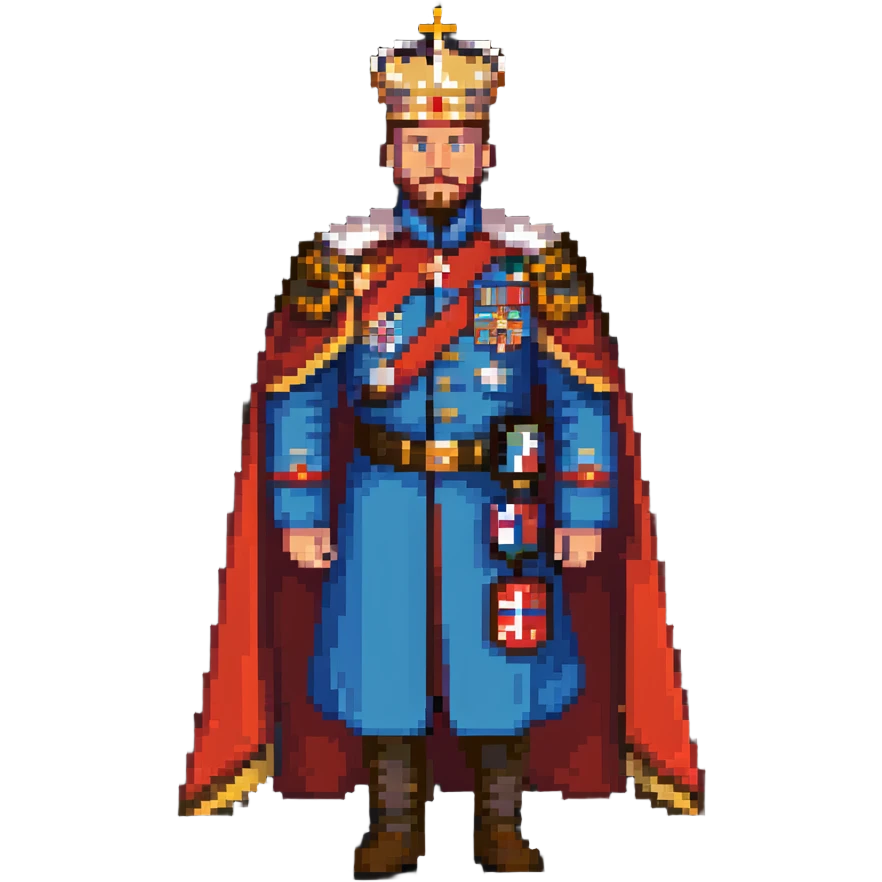 Russian Tsar with elaborate crown, decorated military uniform with medals, royal cape emoji