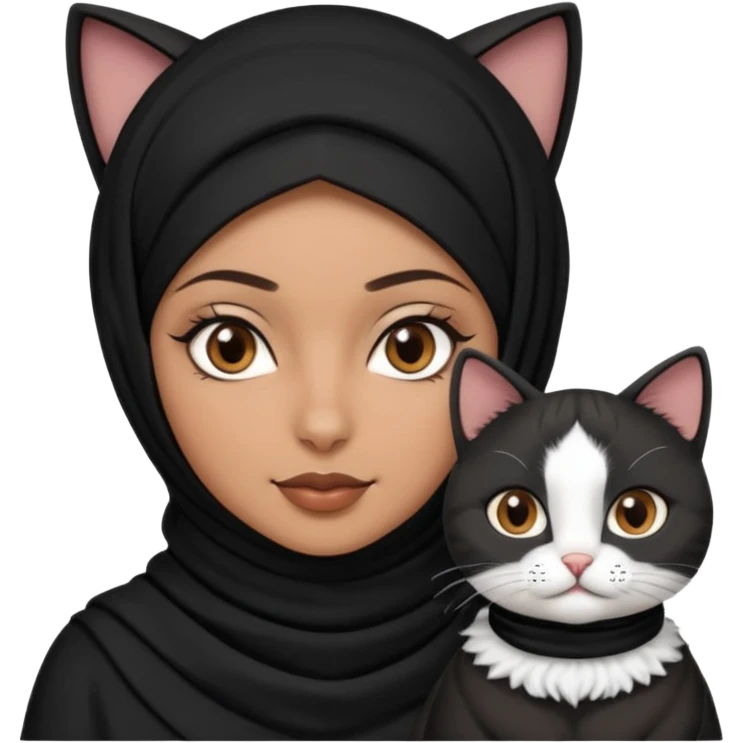 A Arabic woman human with brown eyes and black hijab. , the human is a human no cat ears, two cats, the both cats have the colour black and white in the same colour,   emoji