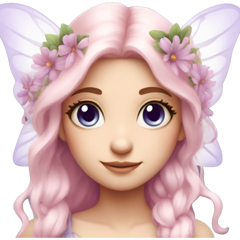 Beautiful, flower fairy, white long, light pink hair, big wings, fair skin, light violet eyes  emoji