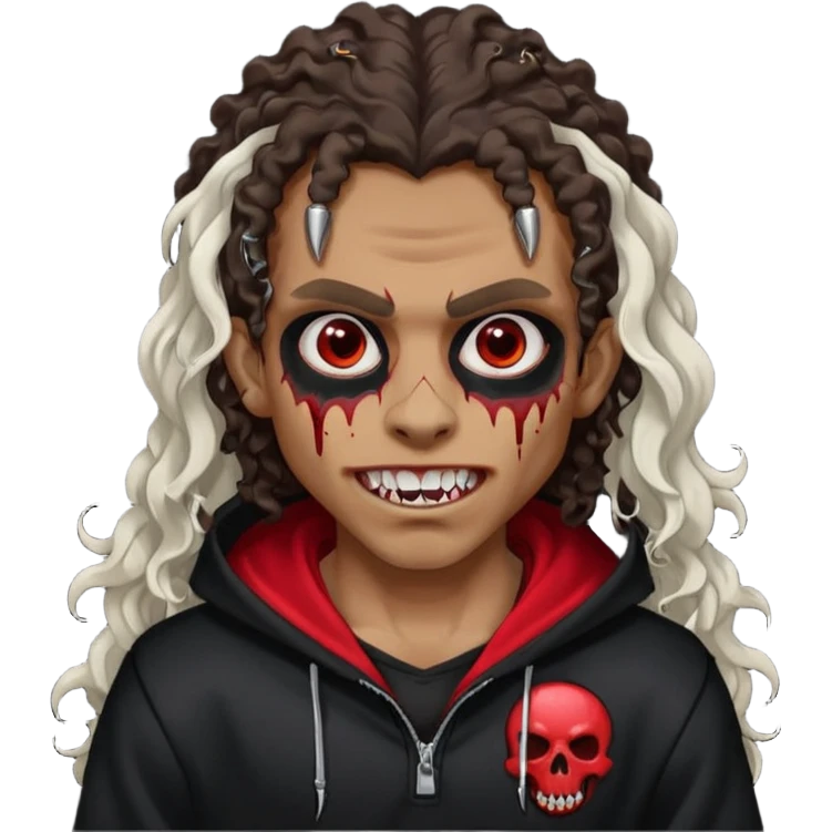 Vampire wearing black hoodie with a skull logo on it, long curly hair, brown skin, fanged teeth, blood under eye sockets/forehead, piercings on eyebrows and long curly hair with a patch (section) of red emoji