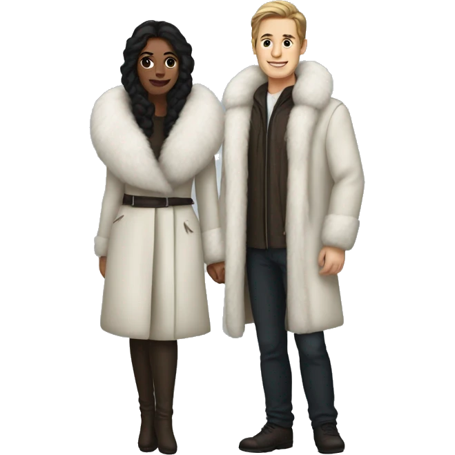 Dark haired White couple in long fur coats emoji