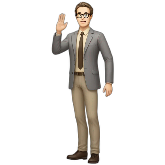 Full height Gesticulating Pale skinned fit man with dark brown hair in gray jacket, beige office shirt, brown tie, brown pants and vintage glasses. emoji