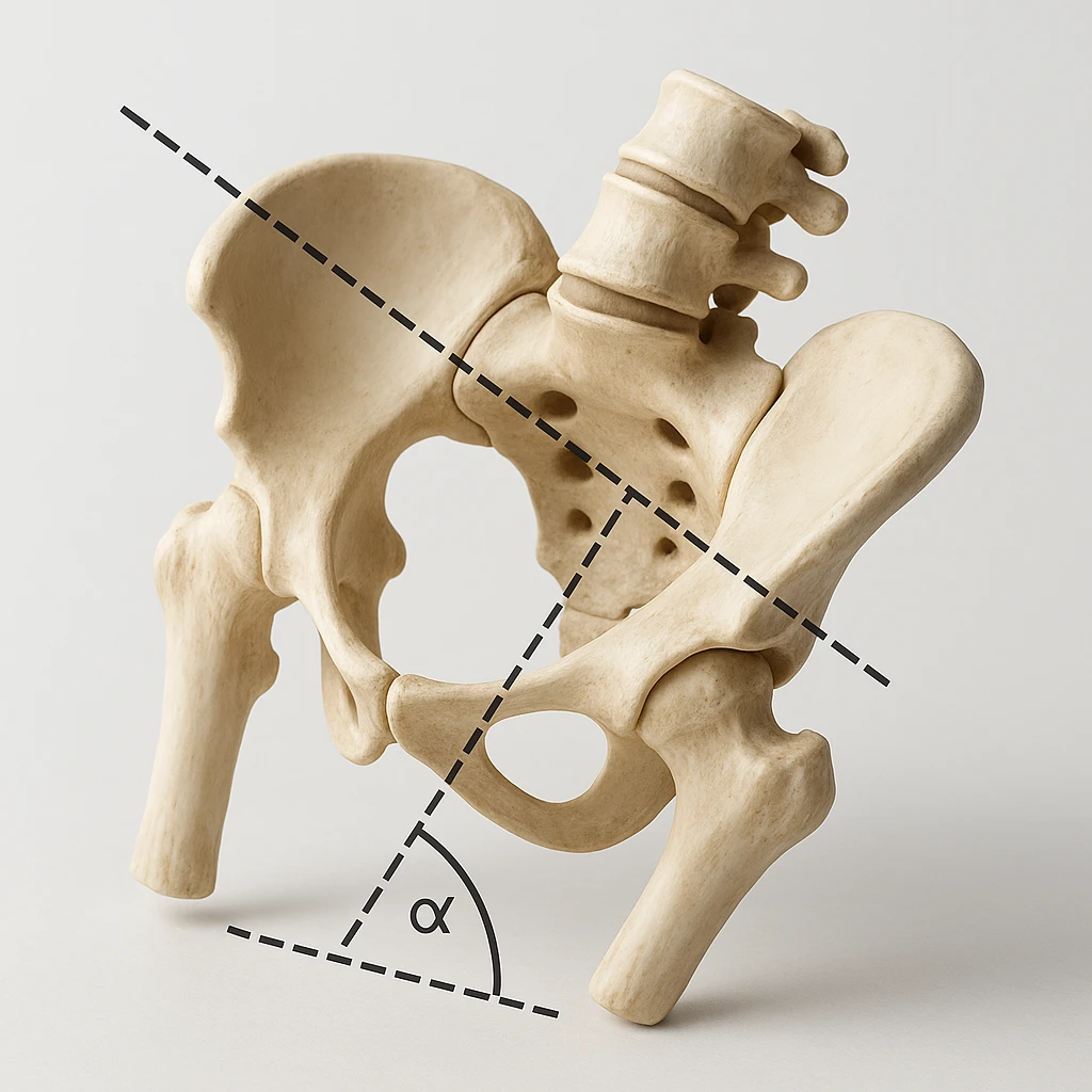 realistic human pelvis tilted, 4K resolution, detailed anatomical features, accentuated tilt, dashed lines and geometric symbols showing the tilt angle, perspective view, clinical atmosphere, white background emoji