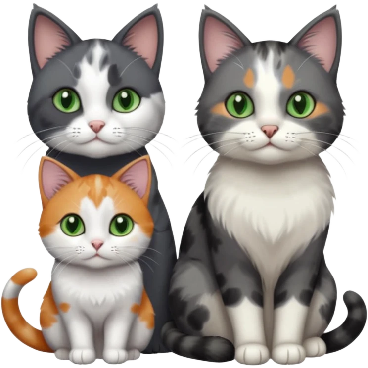 3 different coloured small cats including a dark grey and white, and a patchy calico and a completely solid dark grey with green eyes and only white paws emoji