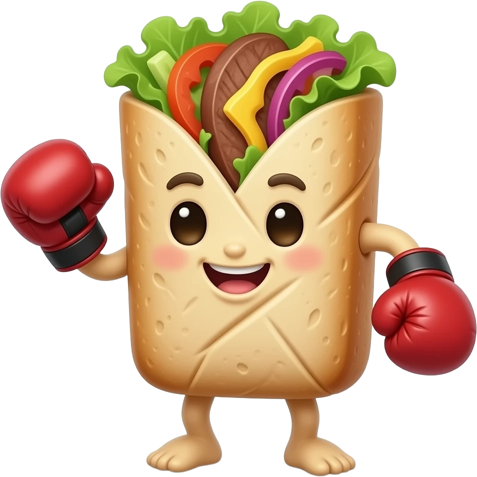 A living doner kebab emoji character, fully made of kebab (bread, meat, salad visible), wearing boxing gloves, no human features, cute competitive face, glossy emoji style emoji