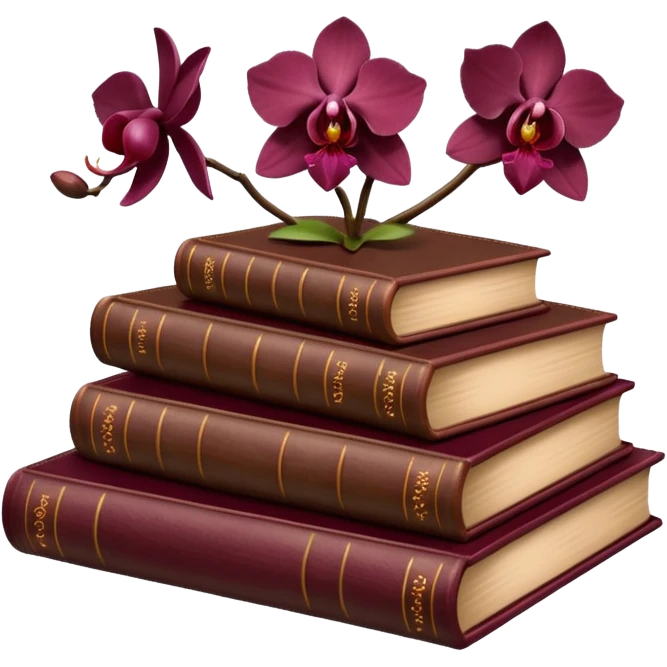 Dark academia 3 brown books with small burgundi orchid emoji