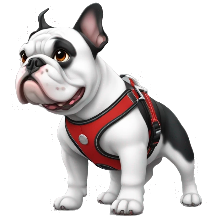 Black and white frrnch bulldog with red and black harness emoji