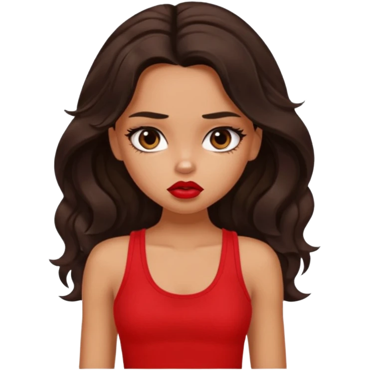 generate a pretty tan bratz girl with dark brown wavy hair long wearing a red tank top, red lipstick. Looking sad emoji