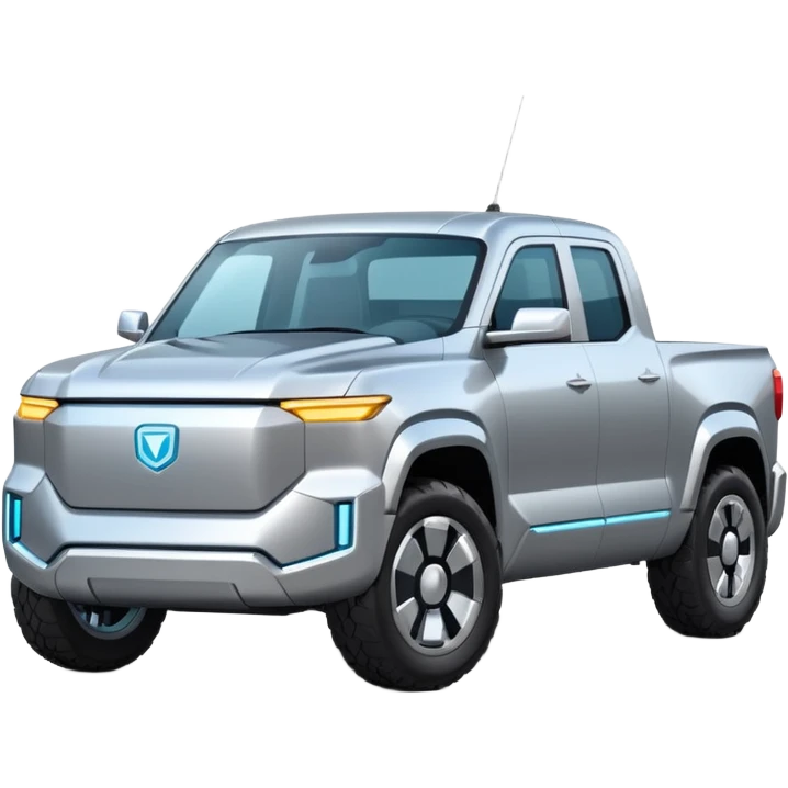 A futuristic electric pickup truck emoji, silver chrome body, angular cyber design, smooth metallic panels, subtle reflections, minimalistic proportions, iOS emoji style, centered composition, clean white background, soft lighting emoji