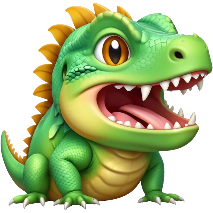 Cinematic Realistic Cute Yawning Iguana Portrait Emoji, Head tilted slightly with a dramatic, wide-open yawn, showcasing a soft, textured green-scaled face with gently drooping features and half-closed, drowsy amber eyes, rendered with natural detail and subtle shadows, high shine, relaxed yet expressive, styled with a dash of tropical charm, soft glowing outline, capturing the essence of a sleepy yet affectionate iguana that appears ready to stretch out and enjoy a peaceful nap! emoji