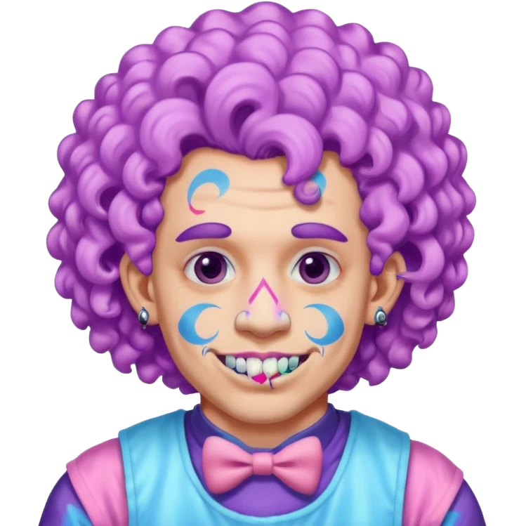 very colorful puffy violet curly haired man made out of cotton candy wearing teeth-braces and excessive face tattoos just face  emoji