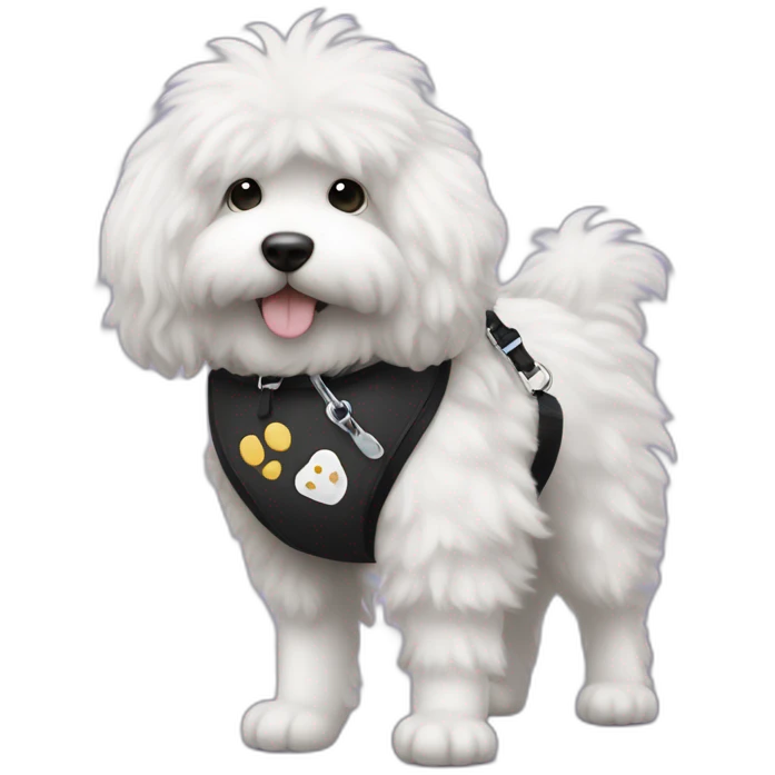 side profile of fluffy black with white paws doodle on a leash going for a walk emoji