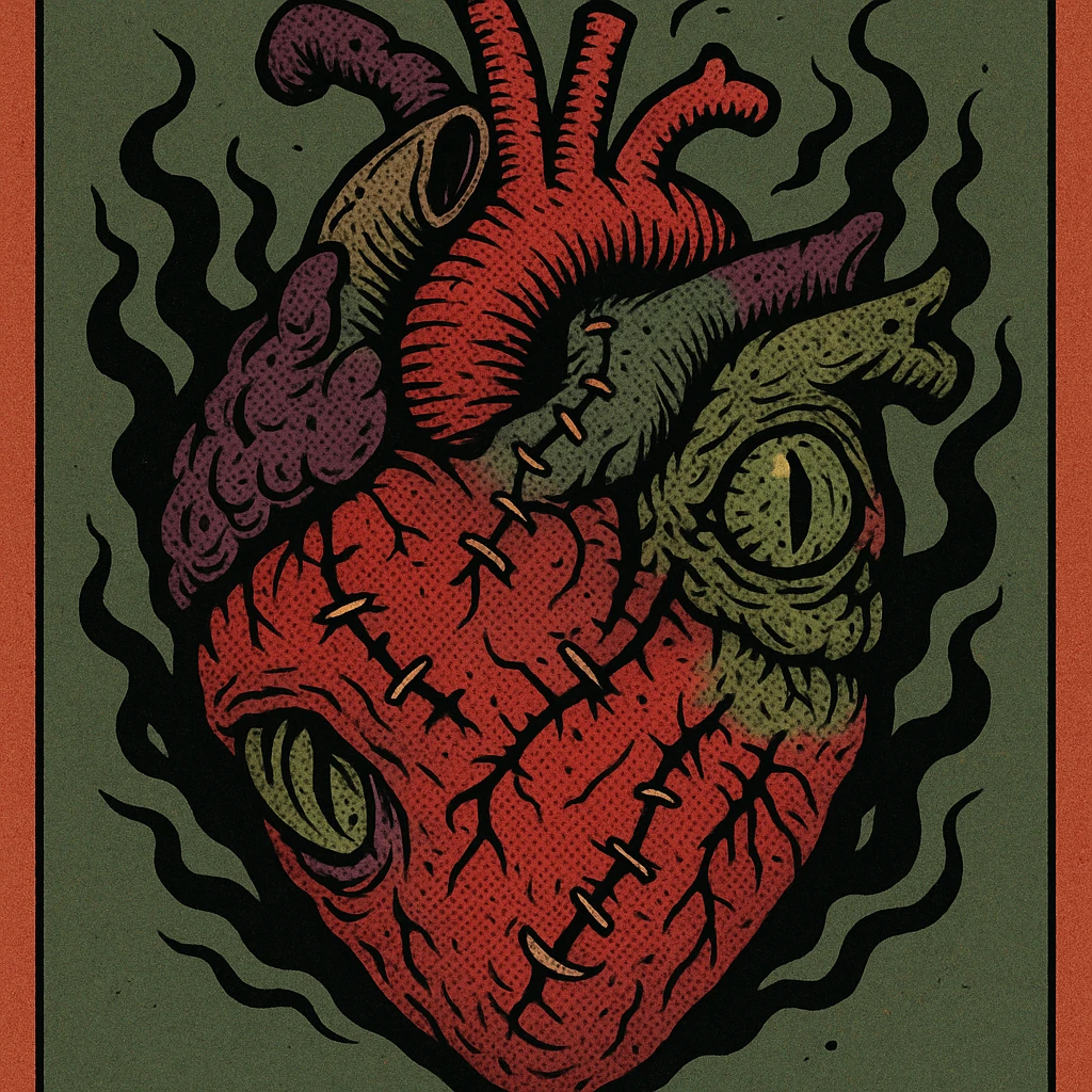 a cursed monster heart, stitched together from different creatures, with a sinister aura, in a horror comic style emoji