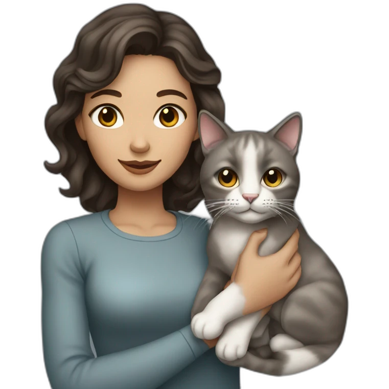A wite skin woman with wavy dark brown hair holding a grey cat emoji