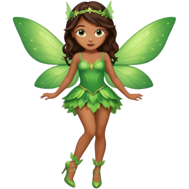 Pretty girl with caramel skin. Dark brown hair and brown eyes. She has freckles. Wearing sexy makeup. Wearing a green fairy costume and heels and flying emoji