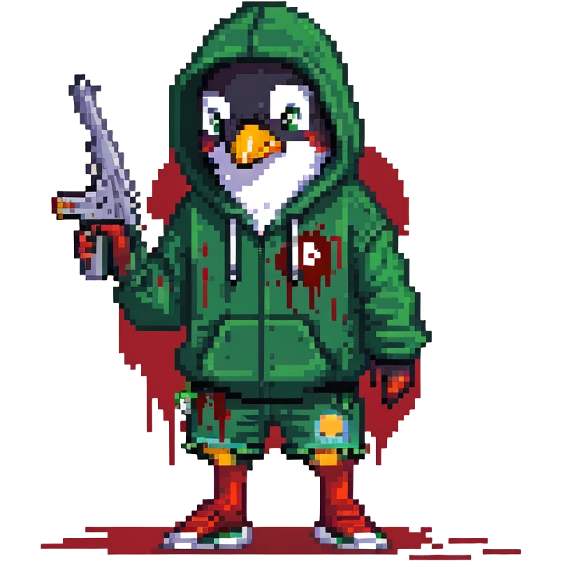 A cute half-dolphin half-penguin thug with a gun, green hoodie with blood stains, wearing Dollar General shorts emoji